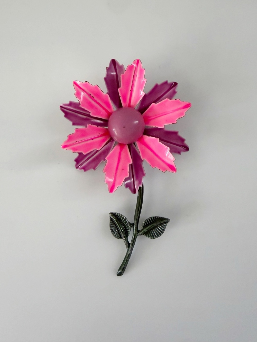 Vintage Enamel Flower Two Tone Large Metal Brooch Pin